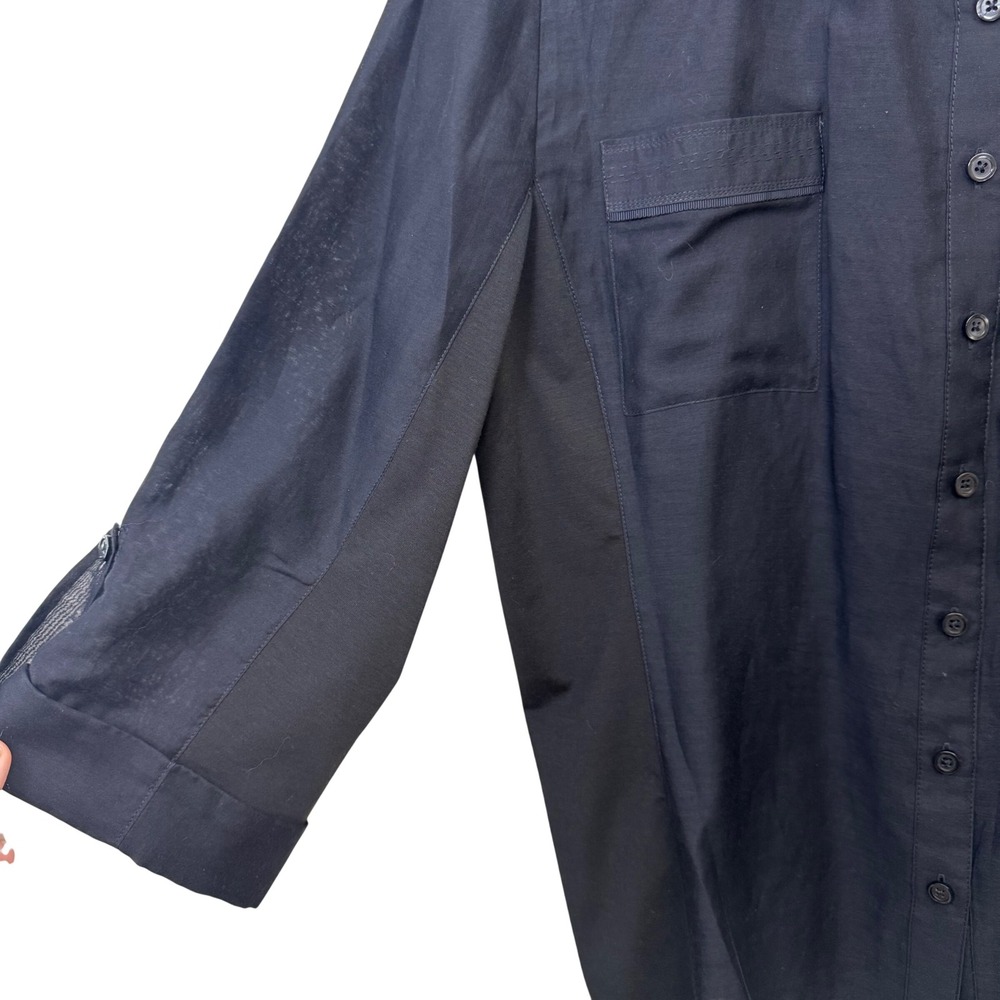 Elie Tahari Top XL Navy Blue Silk Cotton Blend Button Down Mixed Media Shirt - Picture 4 of 12